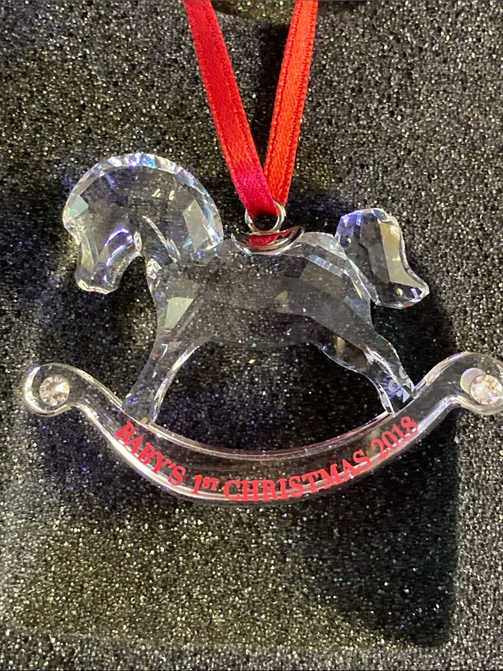 Swarovski Clear Crystal Rocking Horse Ornament with Red Ribbon
